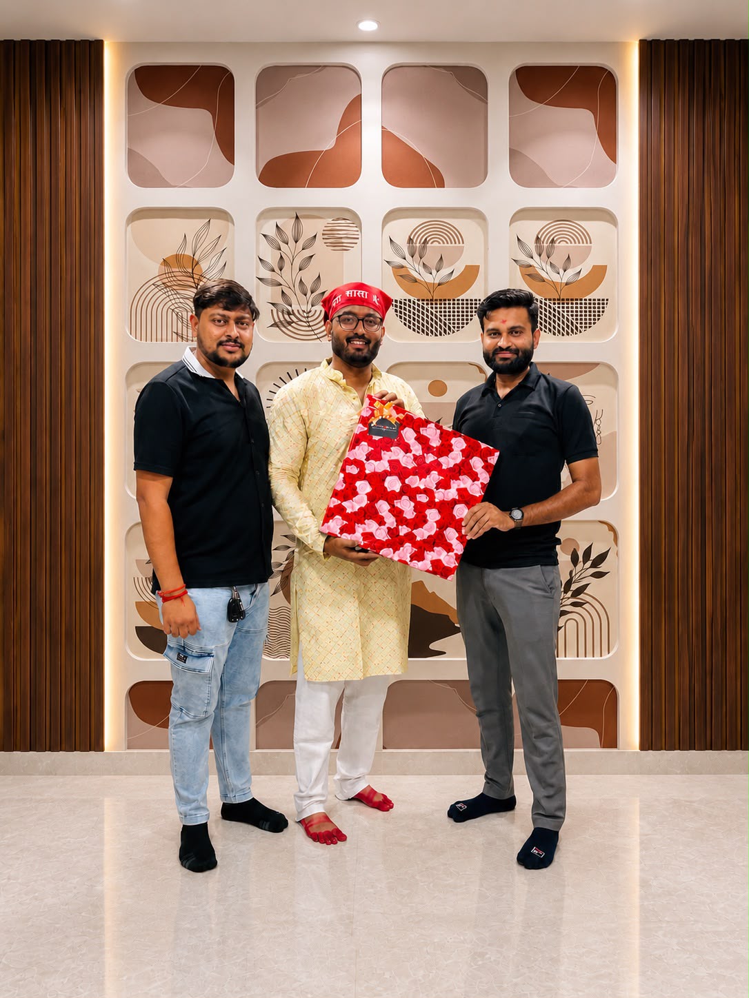 Sarvamangal team presenting a floral-wrapped gift to a client beside a decorative wall