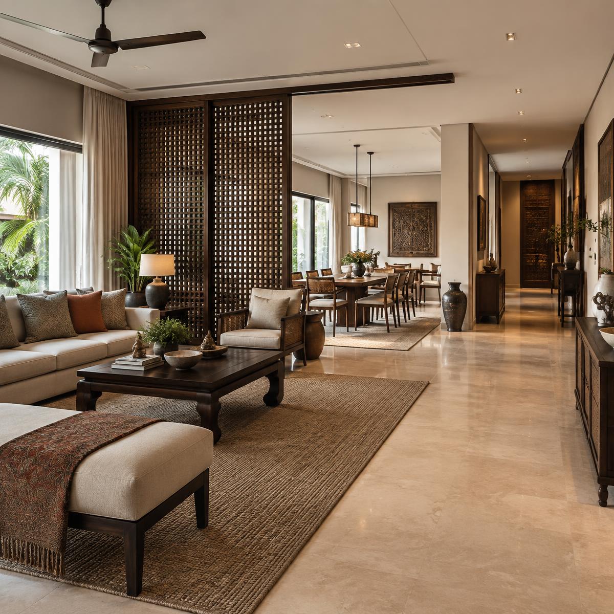Illustrative luxury home interior connecting living and dining areas