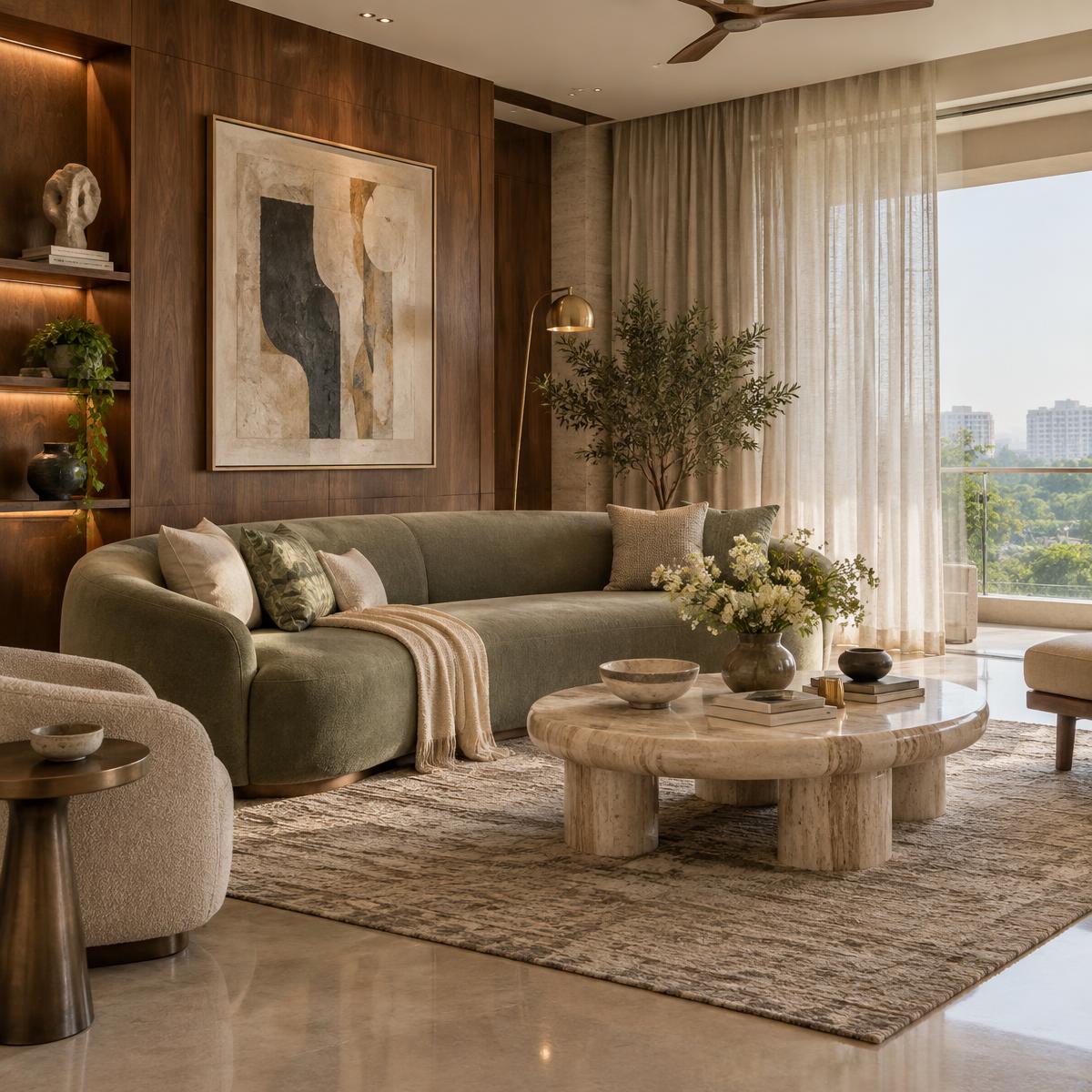 Illustrative luxury living room with a sculptural sofa